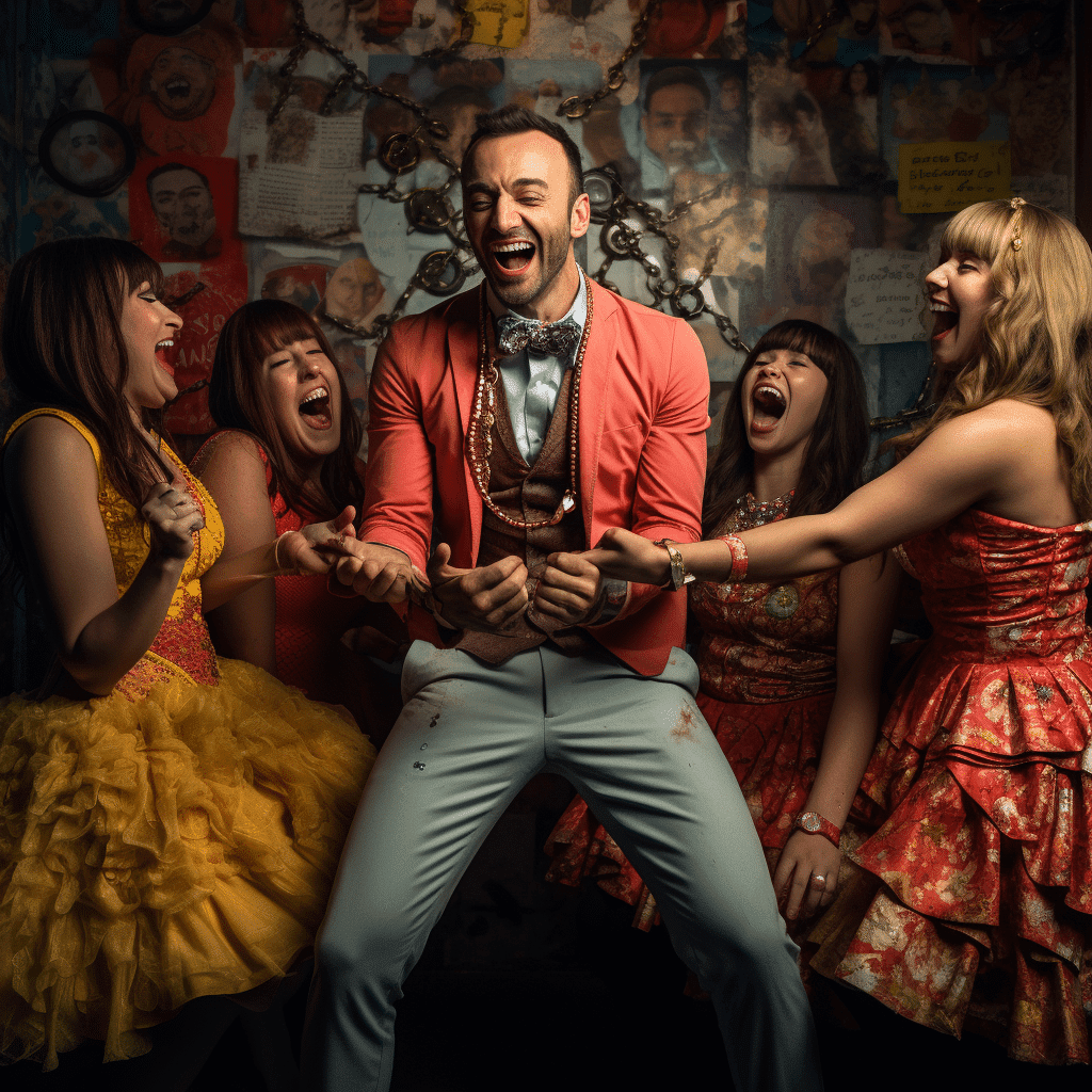 andrew tate standing in the middle of women wearing handcuffs and laughing