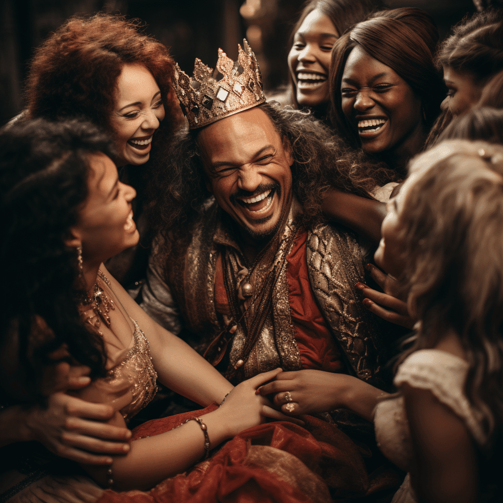 king surrounded by female supermodel queenss who are laughing