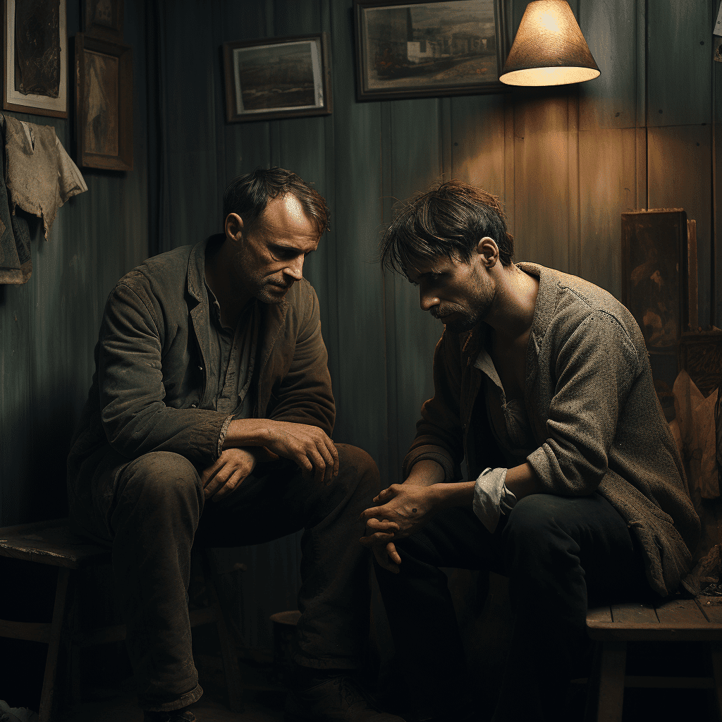men sitting in a corner crying