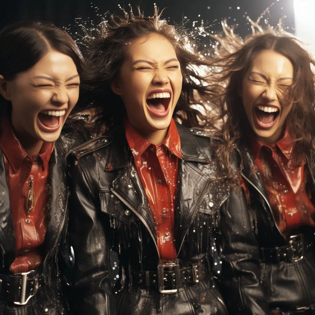 female super models laughing as water gushes out of their belt buckels