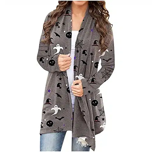 FQZWONG Cardigan For Women,Halloween Costumes Plus Size Casual Long Sleeve Open Front Long Cardigan Outdoor Sexy Party Fall Clothes Lightweight Graphic Tops Shirts Coat Outwear(E Gray,X Large)