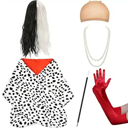 HMPRT Halloween Costume Women   Black and White Wig,Dalmatian Shawl,Red Gloves,Necklace and Wig Cap Accessories for Adult (Long Wig)