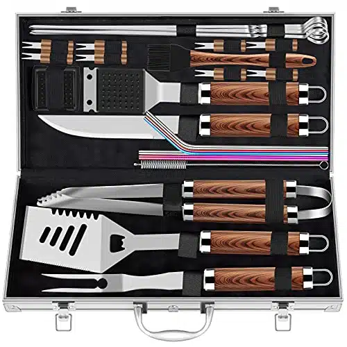 ROMANTICIST pcs Extra Thick Stainless Steel Grill Tool Set for Men, Heavy Duty Grilling Accessories Kit for Backyard, BBQ Utensils Gift Set with Spatula,Tongs in Aluminum Case for Birthday Brown
