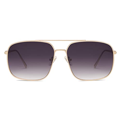 SOJOS Retro Square Aviator Sunglasses Womens Mens Double Bridge Metal Sun Glasses SJ, GoldGradient Grey