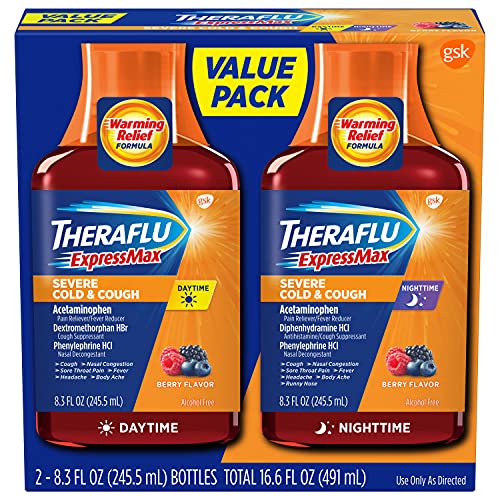 Theraflu ExpressMax Severe Cold and Cough Medicine, Daytime and Nighttime Cough and Cold Medicine for Cough Relief, Berry Flavor   Fl Oz x