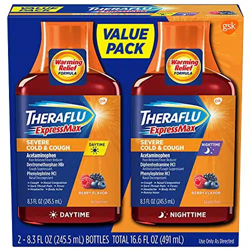 Theraflu ExpressMax Severe Cold and Cough Medicine, Daytime and Nighttime Cough and Cold Medicine for Cough Relief, Berry Flavor   Fl Oz x