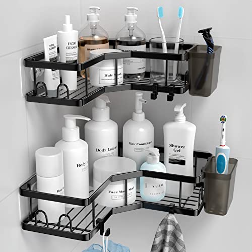 AKTECKE Corner Shower Caddy, Pack Adhesive Shower Corner Organizer Shelves, No Drilling Stainless Steel Shower Storage Rack with Hooks&Toothpaste Holder for Bathroom, Dorm and Kitchen