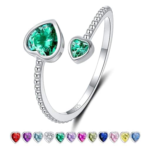 Adjustable May Birthstone Rings for Women Sterling Silver Green Heart Birthday Ring Jewelry for Teen Girls Daughter, Thanksgiving Day Christmas Valentine's Day St Patricks Day Gifts Jewelry
