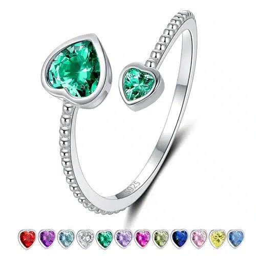 Adjustable May Birthstone Rings for Women Sterling Silver Green Heart Birthday Ring Jewelry for Teen Girls Daughter, Thanksgiving Day Christmas Valentine's Day St Patricks Day Gifts Jewelry