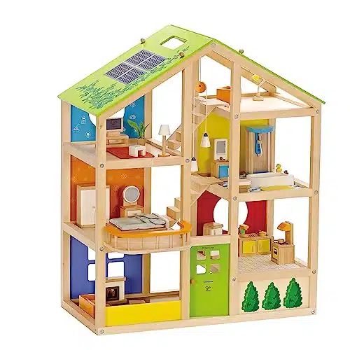 All Seasons Kids Wooden Dollhouse by Hape  Award Winning Story Dolls House Toy with Furniture, Accessories, Movable Stairs and Reversible Season Theme L ,., H inch