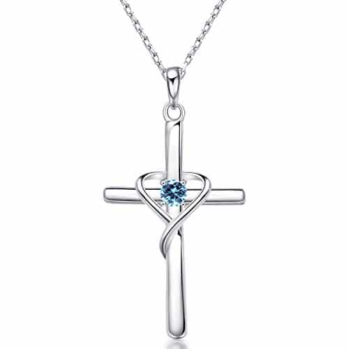 AmorAime Sterling Silver Cross Necklace for Women Birthstone Necklace Birthstone Jewelry Gifts for Christmas,Birthday or Anniversary (C.Blue March)