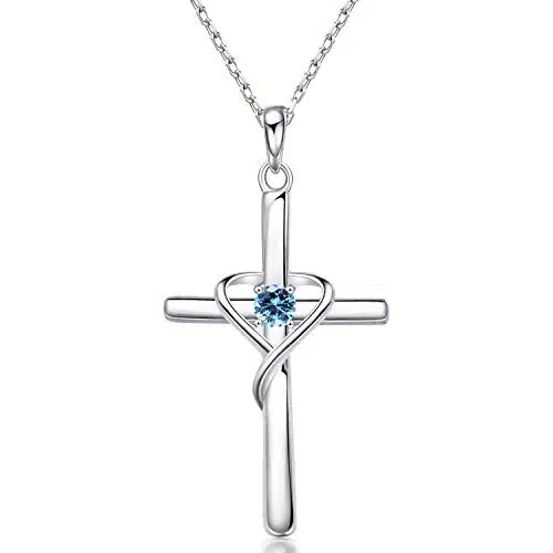 AmorAime Sterling Silver Cross Necklace for Women Birthstone Necklace Birthstone Jewelry Gifts for Christmas,Birthday or Anniversary (C.Blue March)