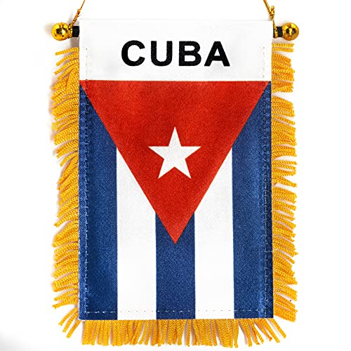 Anley X Inch Cuba Fringy Window Hanging Flag Mini Flag Banner & Car Rearview Mirror Décor Fringed & Double Sided Cuban Hanging Flag with Suction Cup