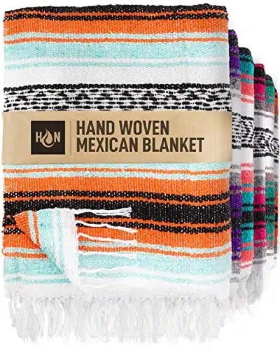 Authentic Extra Large Mexican Blanket (x)   Handwoven Yoga Blanket, Serape Blanket   Artisanal Falsa Blanket, Beach Blanket, Camping Blanket, Picnic Blanket, Outdoor Blanket (Mint Orange)