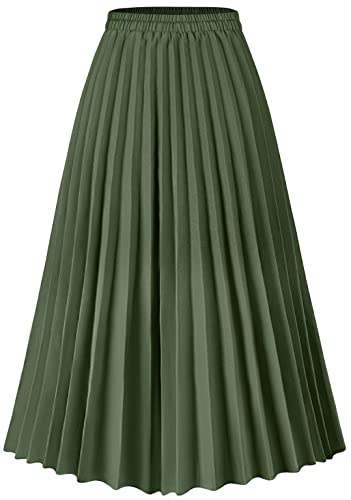 Basoteeuo Green Pleated Skirt for Women Midi Length Summer High Waisted A Line Elastic Waist Skirts L