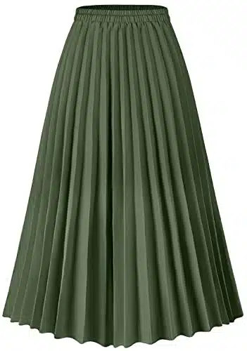 Basoteeuo Green Pleated Skirt for Women Midi Length Summer High Waisted A Line Elastic Waist Skirts L