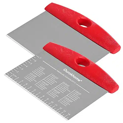 Bench Dough Kitchen Scraper Knife, Ourokhome Stainless Steel Pizza Cutter for Baking, Bread with Anti Wear Laser Engraved Measuring Scale and Conversion Chart, Dishwasher Safe, Pack, Red