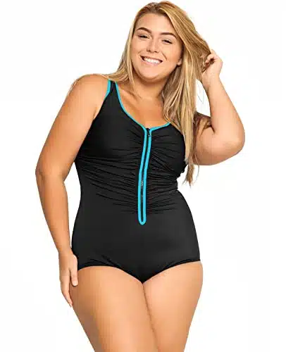 DELIMIRA Women's One Piece Bathing Suit Plus Size Swimsuit Tummy Control Front Zipper Swimwear Multicoloured #Plus