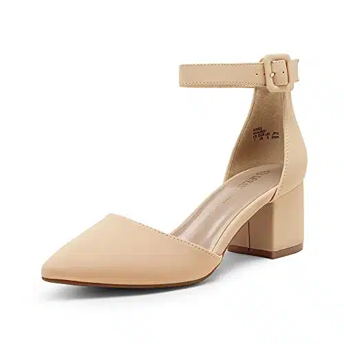DREAM PAIRS Women's ANNEE W Chunky Closed Toe Low Block Heels Dress Pointed Toe Ankle Strap Wedding Pump Shoes, , Nude Nubuck