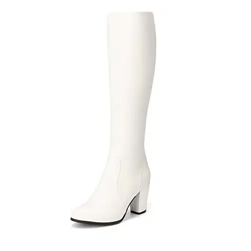 DREAM PAIRS Women's Midleg White Pu Chunky Heel Knee High Boots  US