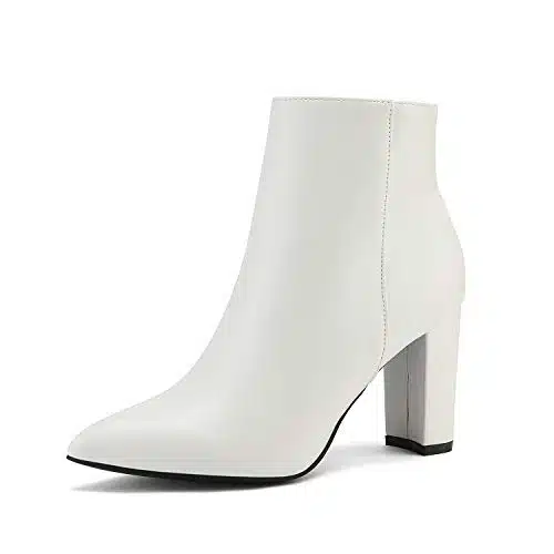 DREAM PAIRS Womens White Pu Chunky Heel Ankle Booties Pointed Toe Short Boots B(M) US Sianna Stunner, WhitePu