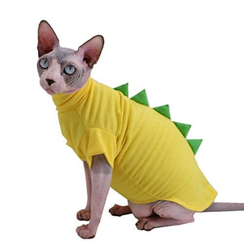 Dinosaur Design Sphynx Hairless Cat Clothes Cute Breathable Summer Cotton Shirts Cat Costume Pet Clothes,Round Collar Kitten T Shirts with Sleeves, Cats & Small Dogs Apparel (XL (lbs), Yellow)