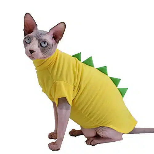 Dinosaur Design Sphynx Hairless Cat Clothes Cute Breathable Summer Cotton Shirts Cat Costume Pet Clothes,Round Collar Kitten T Shirts with Sleeves, Cats & Small Dogs Apparel (XL (lbs), Yellow)