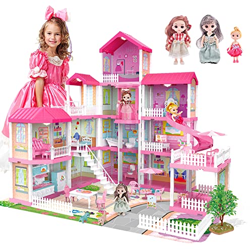 Doll House for Year Old Girls,Story Rooms Doll House,Fully Furnished Dollhouses wLights,Play Mat and Upgraded Doll,Play House Accessories,Elevator and Slide,Gift Toy for Kids to +