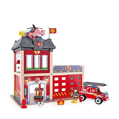 Hape Fire Station Playset Wooden Dollhouse Kidâs Toy, Stimulates Key Motor Skills And Promotes Team Play (E) Multicolor, L ,., H inch