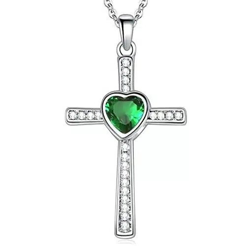 Jude Jewelers Stainless Steel Heart Shape Birthstone Cross Pendant Necklace (May Emerald)