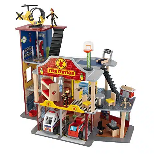 KidKraft Deluxe Wooden Fire Rescue Play Set with Ambulance, Fire Truck, Helicopter, Firefighters, Pieces ,Gift for Ages +