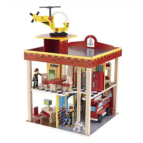 KidKraft Wooden Fire Station Set for Degree Play   Wooden Construction, Working Garage Doors, Bendable Figures, Young Children Toy, Comes with Instructions, Scree Free Toy, Gift for Ages +
