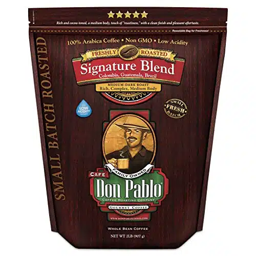 LB Don Pablo Gourmet Coffee   Signature Blend   Medium Dark Roast   Whole Bean Coffee   % Arabica Beans   Low Acidity and Non GMO   lb bag