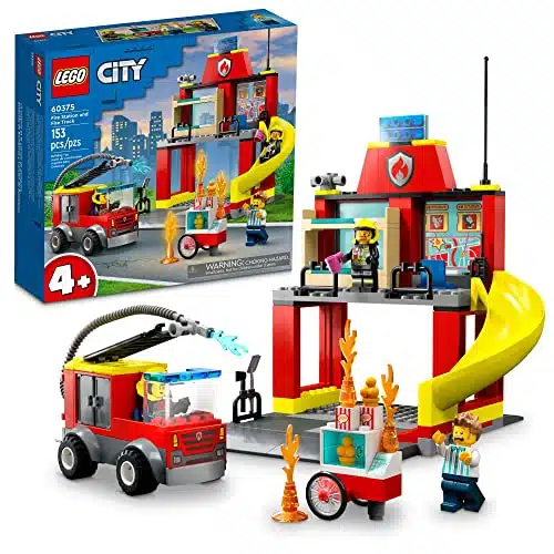 Lego City Fire Station and Fire Engine , Pretend Play Fire Station with Firefighter Minifigures, Educational Vehicle Toys for Kids Boys Girls Age +