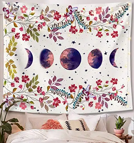 Lifeel Moonlit Garden Tapestry, Moon Phase Surrounded by Vines and Flowers White Wall Decor Tapestry Ãinches