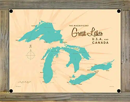 Northwest Art Mall Great Lakes Map Metal Print on Reclaimed Barn Wood from Illustration by Lakebound x