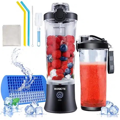 Portable Blender, BOSICTE Personal Size Blender for Shakes and Smoothies with Blades, Oz Mini Blender Cup with Travel Lid and USB Rechargeable for Office, Gym, Kitchen (Black)