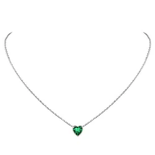 Suplight Stelring Silver May Birthstone Necklace Small Emeral Green Simple Heart Necklace for Women Girls