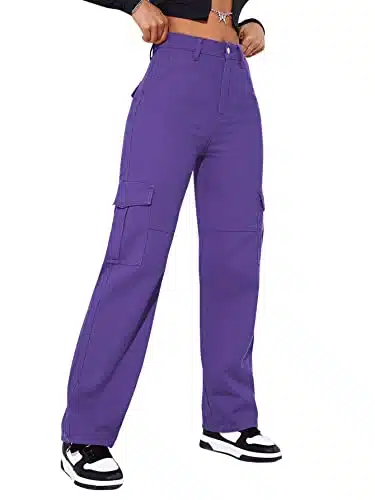 SweatyRocks Women's High Waist Cargo Jeans Flap Pocket Wide Leg Denim Pants Violet Purple XS