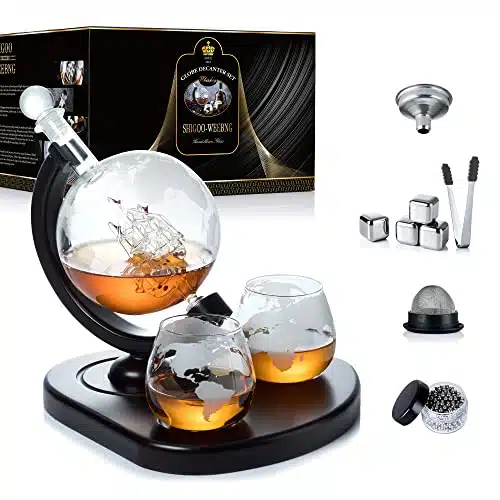 WEEBNG Whiskey Decanter Set,Globe Wine Decanter Set with Glasses,Cleaning Beads,Stainless Steel Ice Cubes and Ice Tong,Beverage Drink Liquor Dispenser   Gift Set for Liquor, Scotch,Bourb