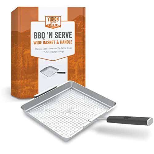 Yukon Gloryâ¢ BBQ 'N Serve Wide BBQ Grill Basket The Grilling Basket Includes a Clip On Handle   Perfect Grill Baskets for Outdoor Grill Vegetables or Fish Basket & Meat