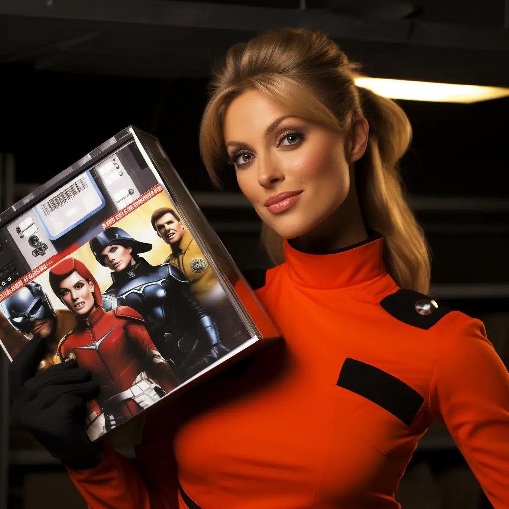 female super model winking and holding VHS of female super models in fireman outfits