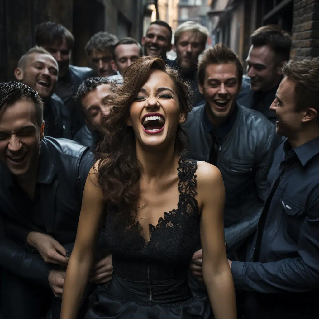 female supermodel surrounded by men in a dark alley laughing