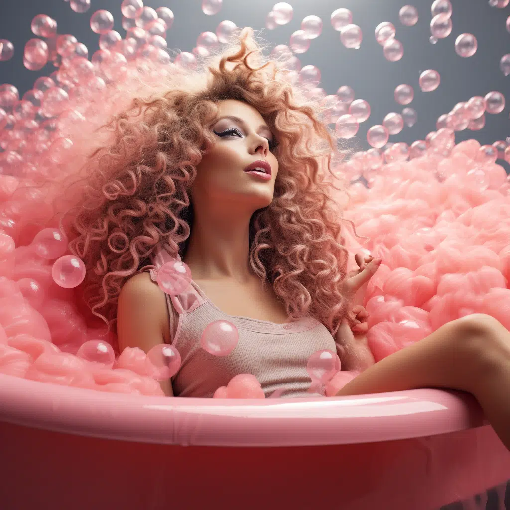 female supermodels streching and enjoying bubble gum in a tub