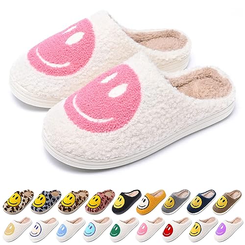 AIMINUO Women's Men's Retro Preppy Happy Face Slippers Comfy Warm Plush Slip On House Slipper for Winter Indoor Soft Cushion Non slip Fluffy Slides Slippers White Pink omenen