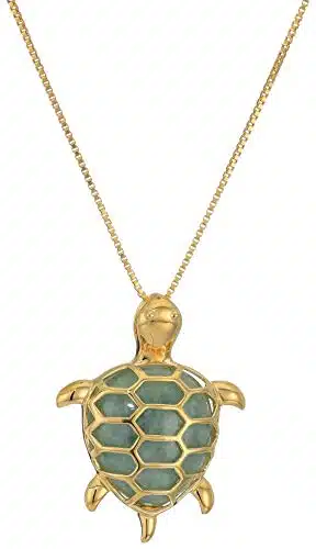 Amazon Essentials womens k Yellow Gold Plated Sterling Silver Genuine Green Jade Turtle Pendant Necklace, (previously Amazon Collection)