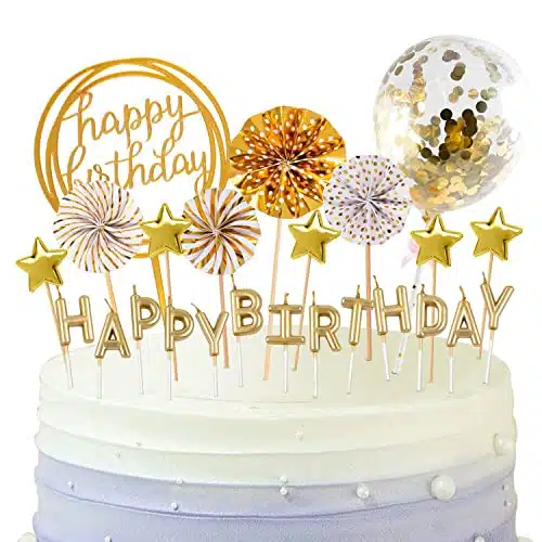 BEAN LIEVE Birthday Candles Set   Cake Topper Decoration with Cake Candles Confetti Balloon Stars and Fan Cupcake Toppers Pieces Birthday Cake Decor for Birthday Party Celebration (Gold)