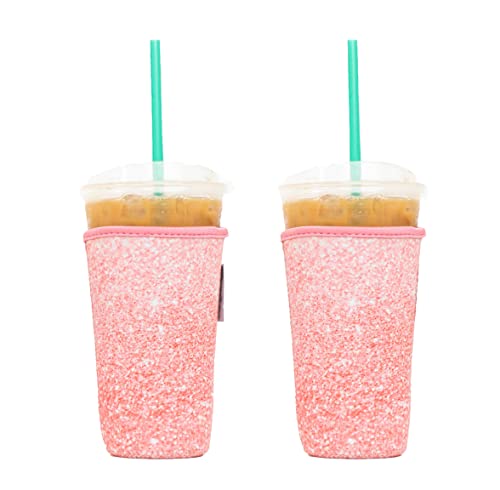 Baxendale and Co Reusable Neoprene Insulator Sleeves for Large Sized Iced Coffee and Cold Drink Cups (PK Large oz, Pink Glitter Print)