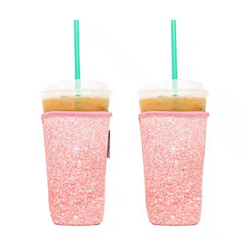 Baxendale and Co Reusable Neoprene Insulator Sleeves for Large Sized Iced Coffee and Cold Drink Cups (PK Large oz, Pink Glitter Print)