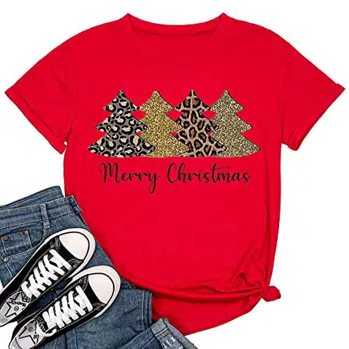 Beopjesk Christmas Shirts Womens Leopard Plaid Trees Printed Casual Short Sleeve Graphic Tees Tops (M, Red)